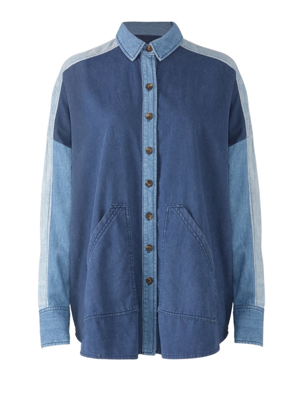 Free People Two-Tone Patchwork Denim Shirt Jacket - Blue - Picture 4 of 9